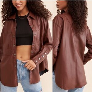 We The Free Chestnut Brown Faux Leather Shirt Jacket